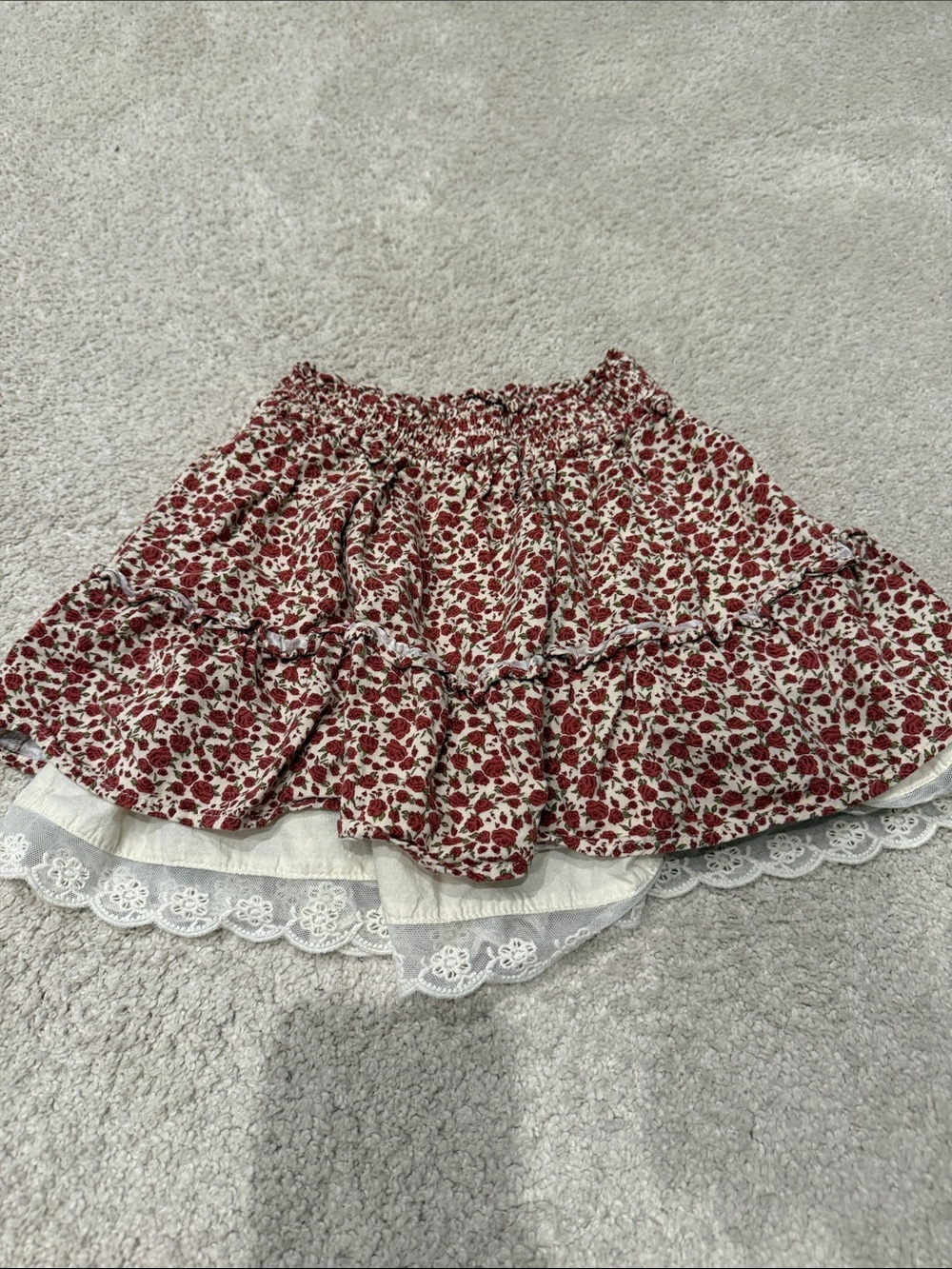 Zara Red Floral Tiered Skirt with Cream Lace Hem